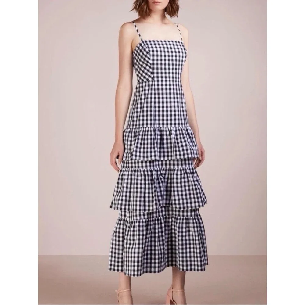J. Crew Black/ White Gingham Tiered Poplin Coastal Maxi Farmhouse Dress Size 00